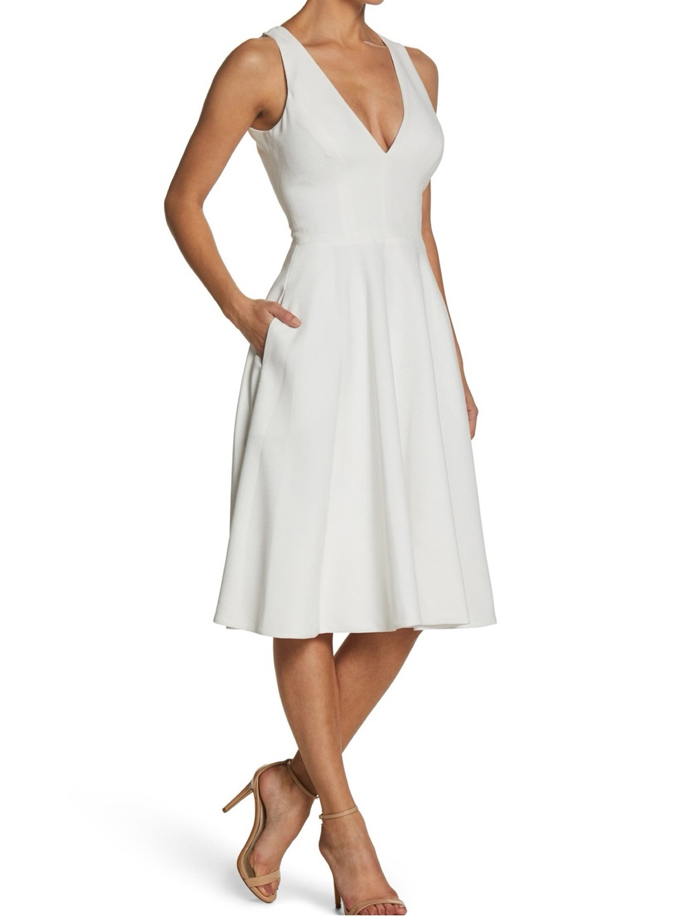 Dress The Population Catalina White V-Neck Fit & Flare Sleeveless Dress Size M